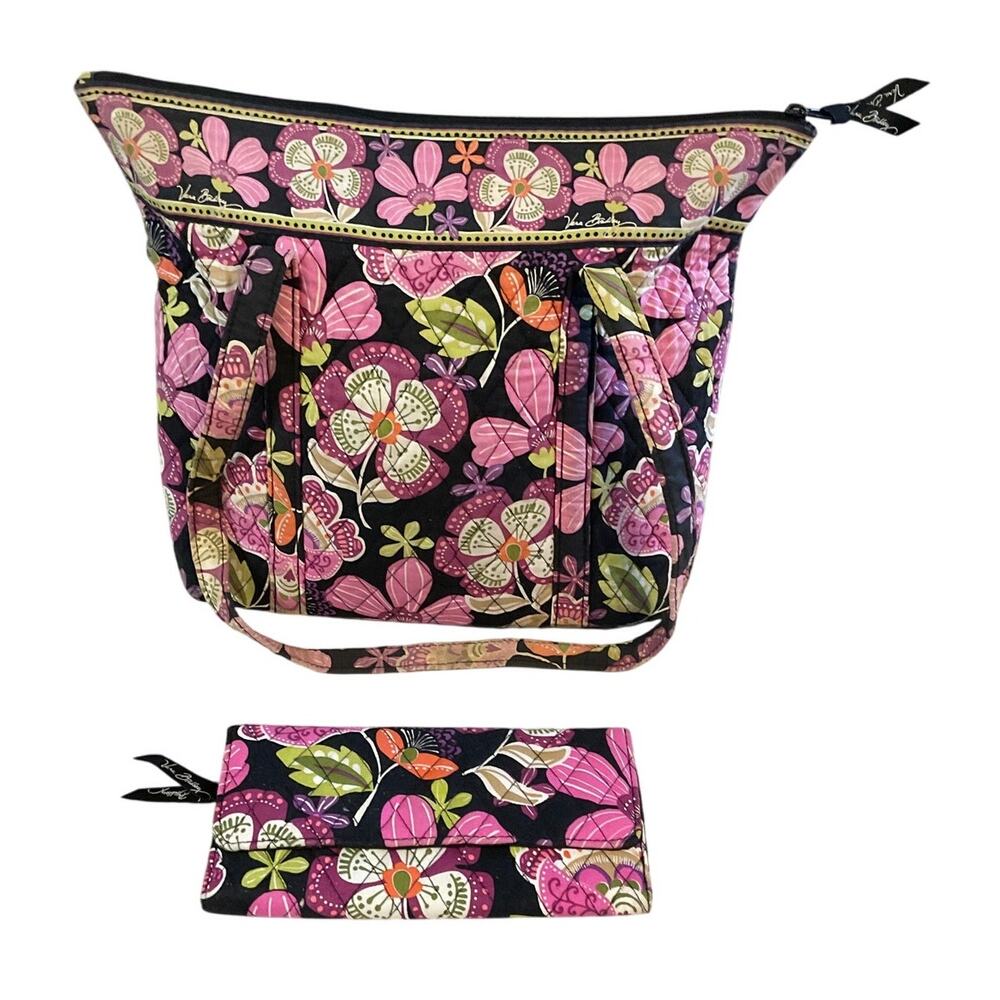 Vera Bradley Shoulder Bag and Matching Trifold Wallet Pink Purple Black Green